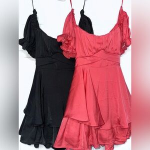 miami Black and Coral Ruffle-Sleeve Mini Dress